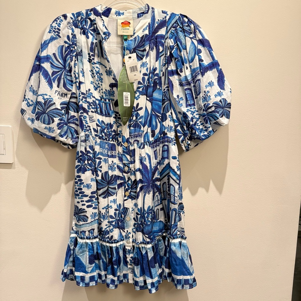 NWT- Farm Rio Sweet Rio Mini Dress Blue and White Size XXS - Picture 1 of 10